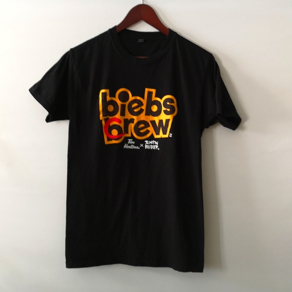 Like-new Tim Hortons Biebs Brew Crew Small T-shirt, Size Small, Black with Decal
